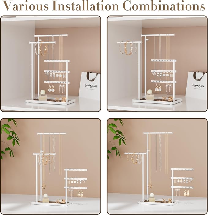 susswiff Jewelry Holder Organizer Stand - Adjustable Tall 17.5" (Max), Sturdy Jewelry Hanger for Necklaces, Earrings, Bracelets, Rings, Jewlery Display and Storage, White, Metal