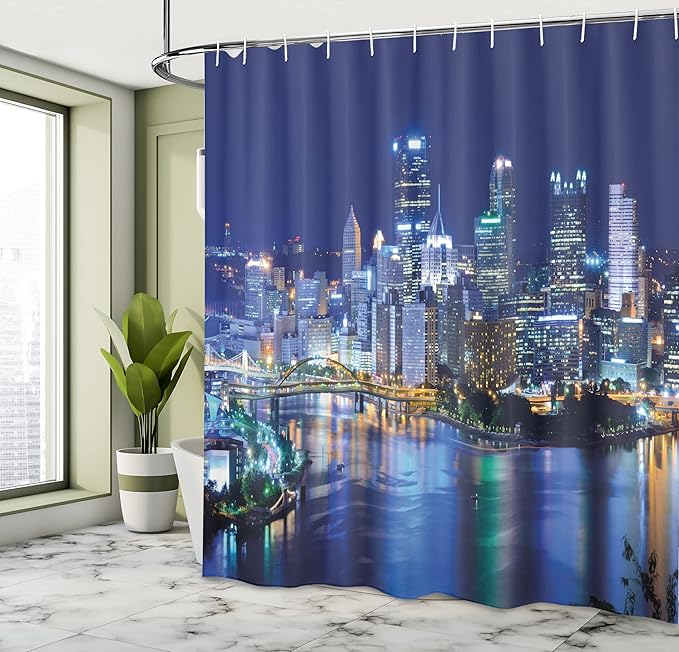 Ambesonne Cityscape Shower Curtain, Skyscrapers Downtown Pittsburgh American Night Skyline Business Town Scenery, Cloth Fabric Bathroom Decor Set with Hooks, 69" W x 70" L, Grey Blue