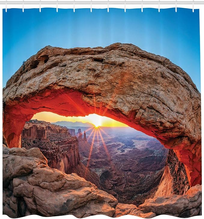 Ambesonne USA Shower Curtain, Famous Sunrise at Mesa Arch in Canyonlands National Park, Utah, USA, Cloth Fabric Bathroom Decor Set with Hooks, 69" W x 70" L, Pale Brown Sky Blue