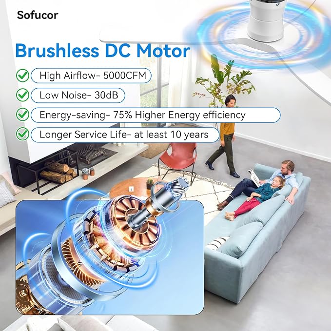 Sofucor 52" Smart Ceiling Fan, Solid Wood Ceiling Fan with Lights and Remote, Flush Mount Ceiling Fan Works with Alexa/Google/App, Dimmable 6-Speed Timing Reversible DC Motor for Bedroom Living Room