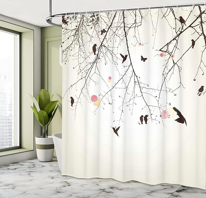 Ambesonne Nature Shower Curtain, Tree Branches Birds and Flowers Floral Spring Season Sunbeams Circles Art, Cloth Fabric Bathroom Decor Set with Hooks, 69" W x 75" L, Pink