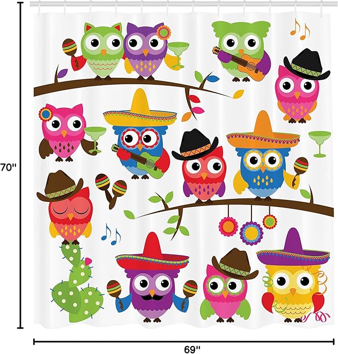 Ambesonne Owls Shower Curtain, Group of Cowboy Cowgirl Owls with Hats Guitars Cactus Cinco de Mayo Themed Art, Cloth Fabric Bathroom Decor Set with Hooks, 69" W x 70" L, Orange Red