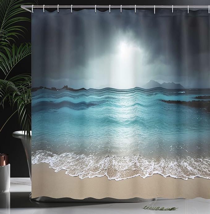 Ambesonne Tropical Shower Curtain, Storm Sky on The Beach of La Dugue Island Seychelles Dramatic Scene, Cloth Fabric Bathroom Decor Set with Hooks, 69" W x 75" L, Blue Petrol
