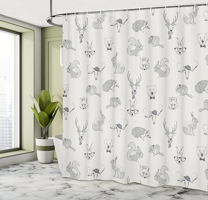 Ambesonne Dimgrey Shower Curtain, Illustration of Weird Forest Animals in Retro Style Rabbit Fox Dear Wild Life Boho Artwork, Cloth Fabric Bathroom Decor Set with Hooks, 69" W x 75" L, Dimgrey