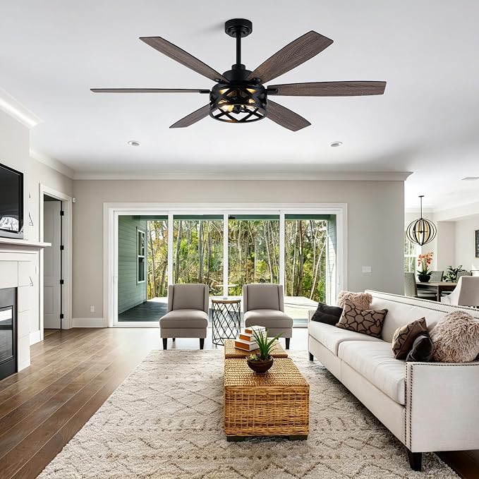 Bella Depot 60" Ceiling Fan with Light, Farmhouse Chandelier Ceiling Fan with Lights and Remote, Caged Rustic Indoor Fandelier with Silent Motor for Dining Living Room Bedroom, (bulbs not included)