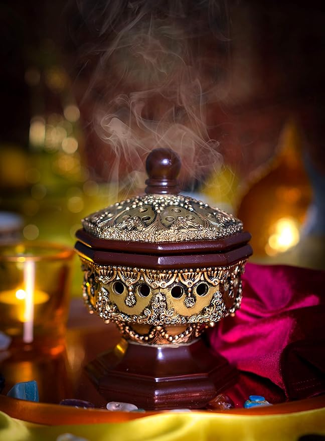 AM Lux Octagon Incense Burner – Charcoal Bakhoor, Cone & Frankincense Resin Holder | Mabkhara for Office, Spiritual Room & Islamic Gifts (Bronze)