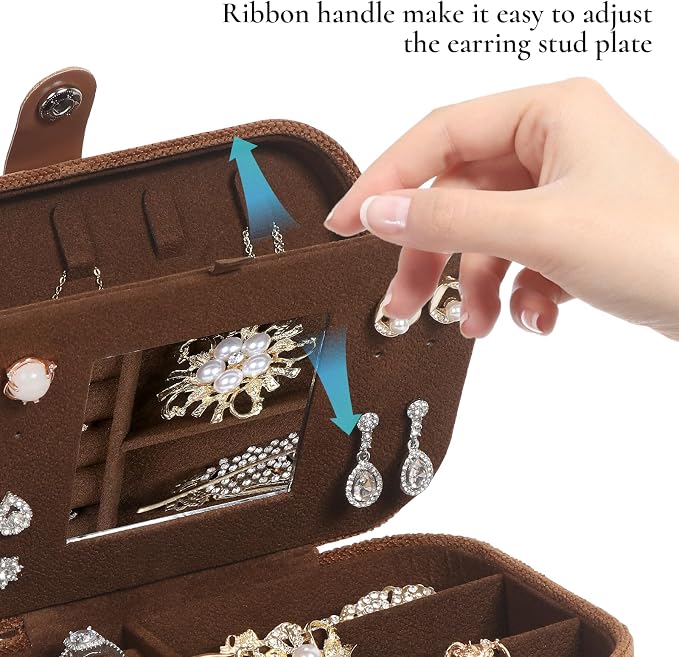 Hatori Travel Jewelry Box, PU Leather Small Jewelry Organizer for Women Girls, Double Layer Portable Mini Travel Case Display Storage Holder Boxes for Stud Earrings, Rings (Brown Mirror)