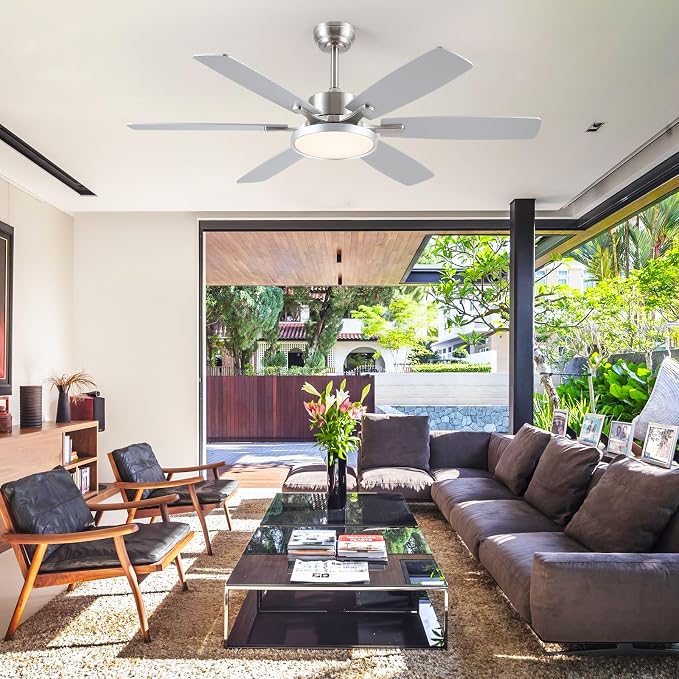 Hounberi 52 Inch Brushed Nickel Ceiling Fan with Light and Remote Control, Reversible DC Motor, Noiseless, Dimmable, 3CCT, 6 Speeds, Modern Ceiling Fan for Living Room, Bedroom, Indoor/Outdoor Use