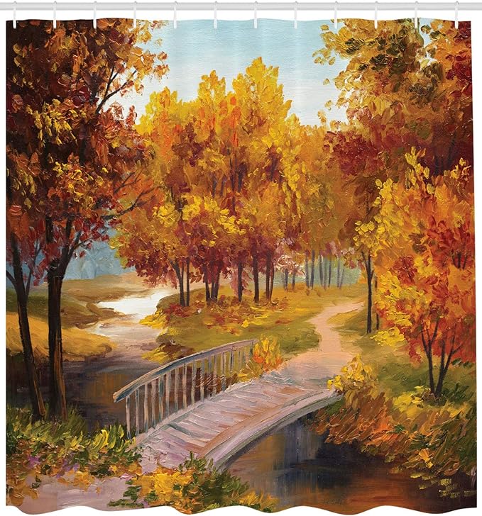 Ambesonne Rustic Shower Curtain, Autumn Forest Leaves in Park Small River Wooden Rustic Bridge Image, Cloth Fabric Bathroom Decor Set with Hooks, 69" W x 70" L, Blue Orange