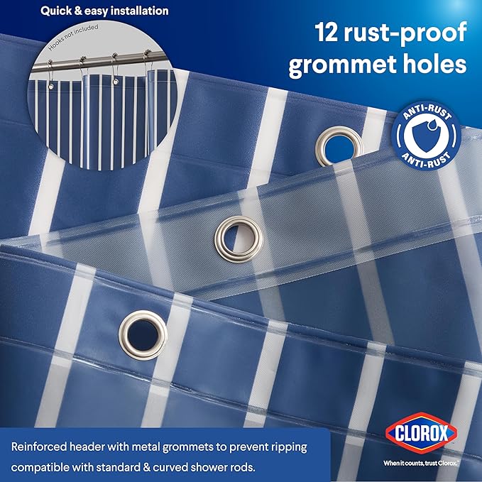Clorox Shower Curtain Liner, Premium Striped Medium-Weight Durable Waterproof 6g PEVA for Bathroom with Weighted Magnets, Printed Standard Size 72" x 72", Navy