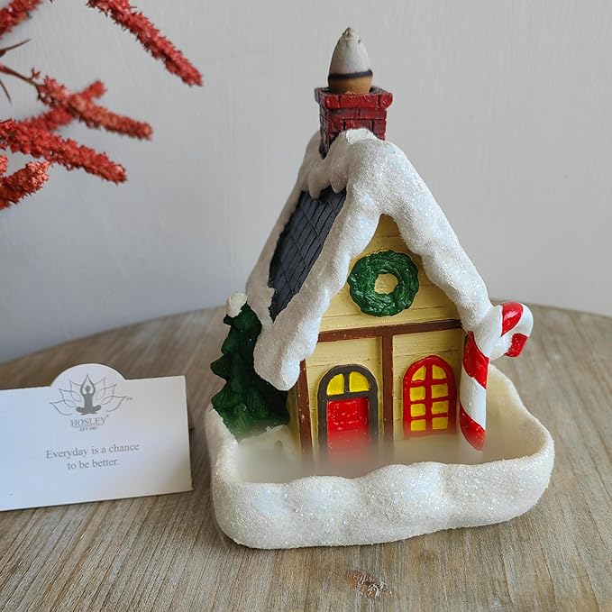 Hosley Resin Backflow Incense Burner – Christmas House Snow Cabin Backflow Incense Cone Holder (4.72") with 20 Apple Cinnamon Cones, House Decor & Aromatherapy