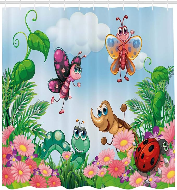 Ambesonne Garden Shower Curtain, Gardening Theme Illustration of Butterfly Ladybug Worm Flowers and Grass, Cloth Fabric Bathroom Decor Set with Hooks, 69" W x 84" L, Jade Green Fern Green