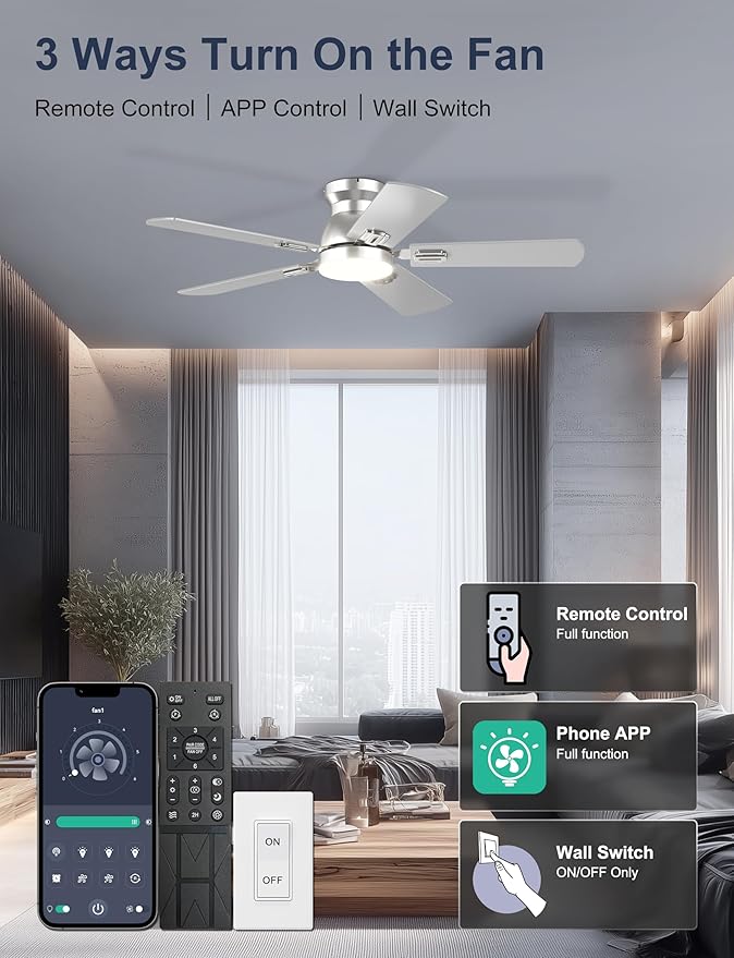 42'' Silver Low Profile Ceiling Fan with Lights for Kids Room | App/Remote Control, Flush Mount, Space-Saving, Quiet DC Motor, 3CCT Dimmable, 6 Speeds Modern Overhead Fan for Low Ceilings