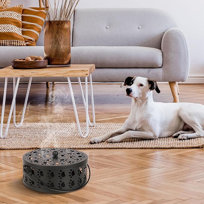 Portable Mosquito Coil Holder, Iron Mosquito Incense Holder with Handle for Home, Office, Camping with Cat Paw Cutout Design (Black)