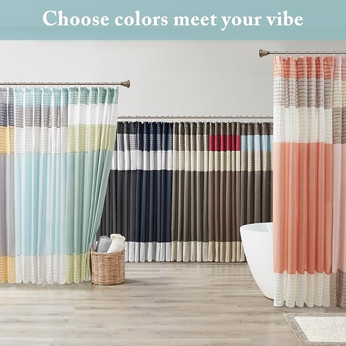 Madison Park Amherst Bathroom Shower Curtain Faux Silk Pieced Striped Modern Microfiber Bath Curtains, 72x72" Inches, Blue