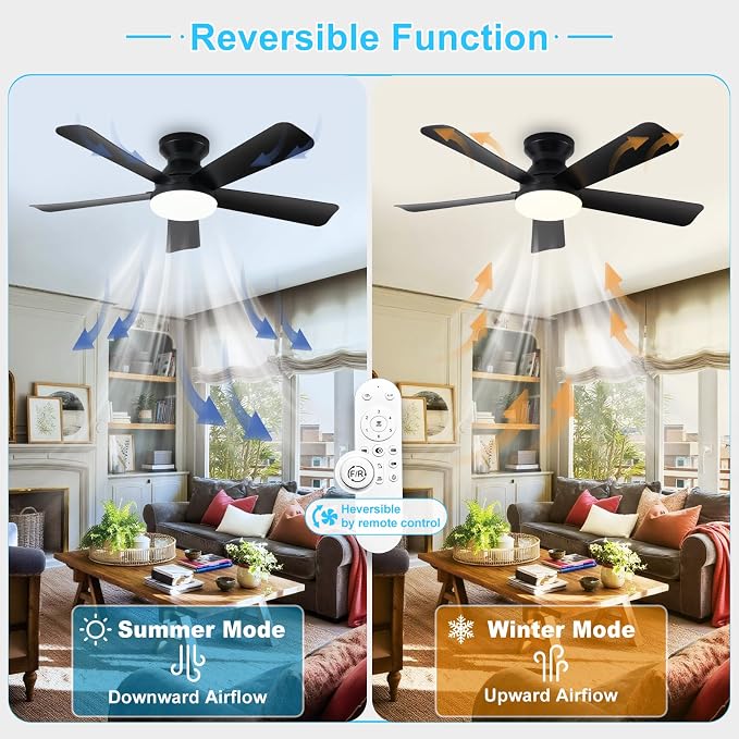 Depuley Ceiling Fan with RGB Light: 42-Inch Black Small Fans for Bedroom Indoor Outdoor - Dimmable Low Profile Ceiling Fans with Remote Control Flush Mount 5 Reversible Black Blades 6 Speeds Timer