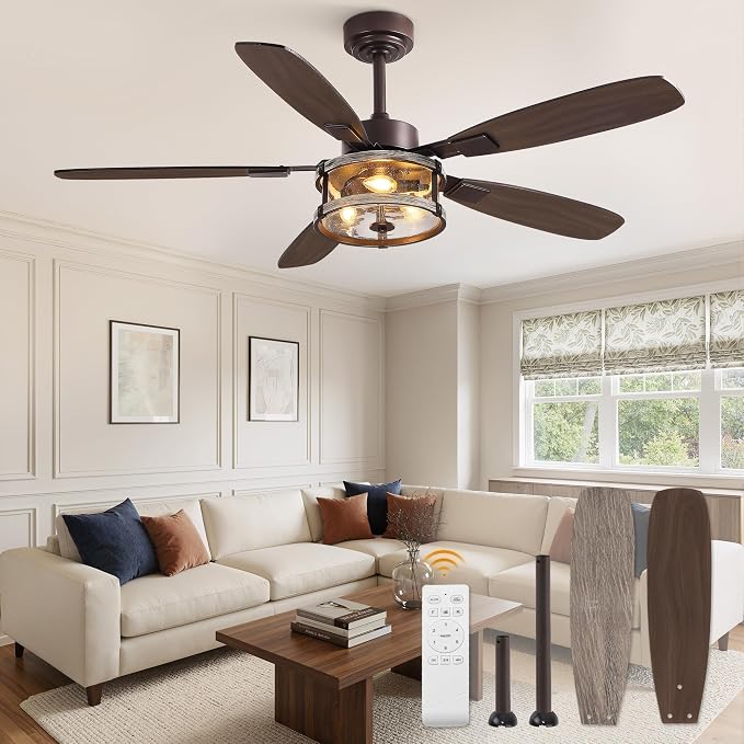 Fanbulous Farmhouse Ceiling Fan with Light and Remote, 52" Black Rustic Flush Mount Ceiling Fans for Bedroom Living Room, Industrial Caged Ceiling Fan for 6 Speed Reversible Motor, 5 Dual Blades