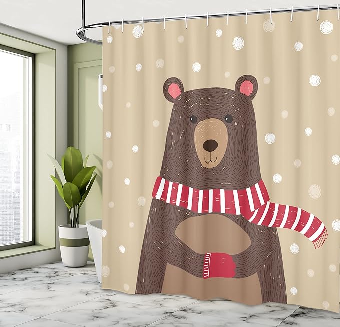 Ambesonne Cartoon Shower Curtain, Bear Wearing Red Scarf Under Snow Winter Cold Weather Playroom Print, Cloth Fabric Bathroom Decor Set with Hooks, 69" W x 75" L, Brown Sand Brown