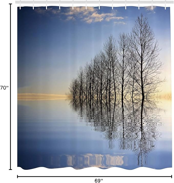 Ambesonne Landscape Shower Curtain, Trees on Top of The Frozen Lake in The Winter Scenic Forces of Nature Art Print, Cloth Fabric Bathroom Decor Set with Hooks, 69" W x 70" L, Blue Brown