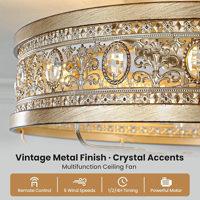 Gold Caged Ceiling Fan with Lights 19 Inch Vintage Crystal Fandelier Enclosed Bladeless Ceiling Fan with Remote Flush Mount Low Profile Ceiling Fan for Bedroom Living Room Kitchen