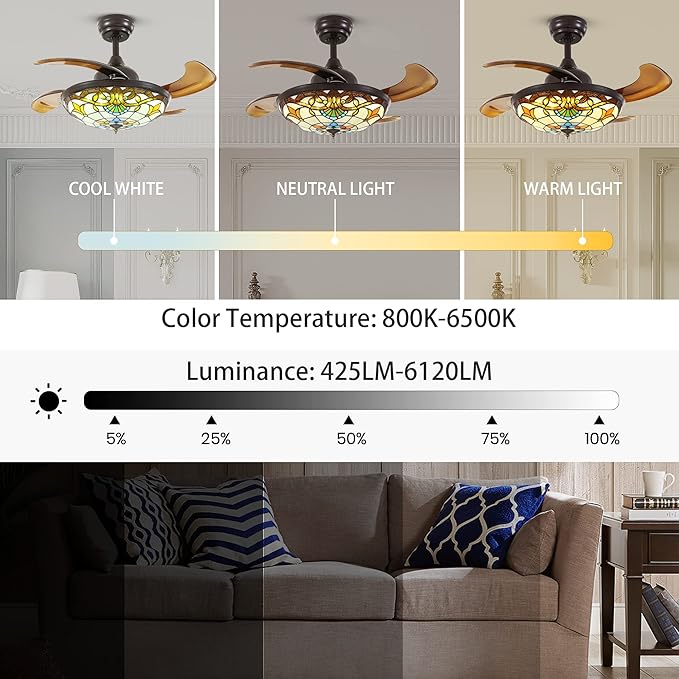 36" Tiffany Style Ceiling Fan with Lights, Remote Control Led Dimmable Fandelier Fixture with 4 Retractable Reverse Blades, Vintage Stained Glass Suit for Bedroom Living Room