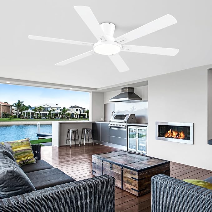 60 Inch White Ceiling Fans with Lights and Remote, Flush Mount Low Profile 6 Blades Ceiling Fan, Quiet Reversible DC Motor for Living Room, Bedroom and Patio