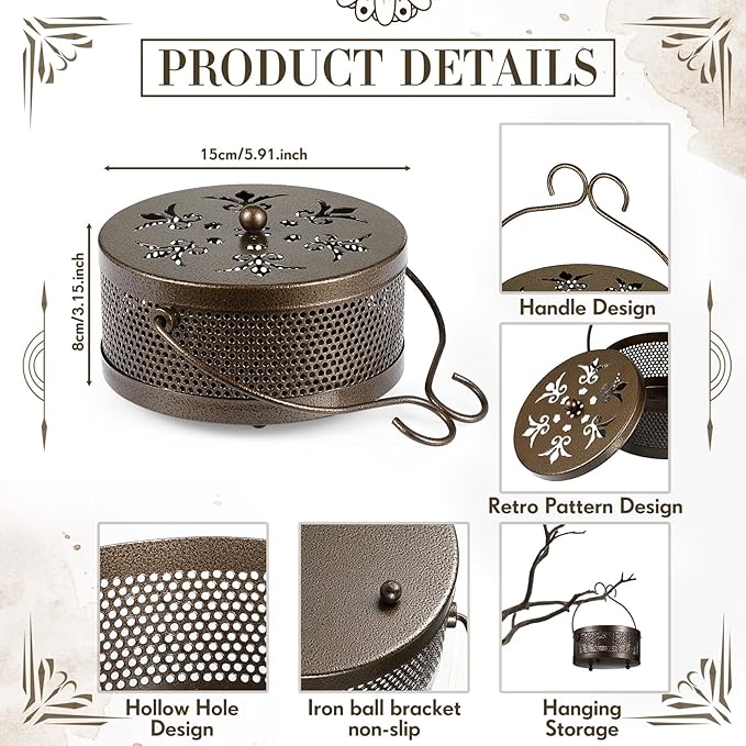 Therwen 6 Pcs Iron Mosquito Coil Holder with Handle Retro Portable Coil Holder Round Fireproof Incense Holder Hanging Incense Burner for Indoor Outdoor Home and Camping (Bronze)