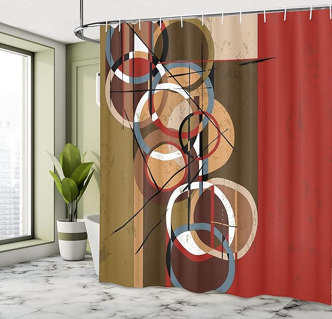 Ambesonne Modern Art Shower Curtain, Retro Surreal Abstract Circular and Square Shaped Artwork Lines on Murky Base, Cloth Fabric Bathroom Decor Set with Hooks, 69" W x 75" L, Burgundy Beige