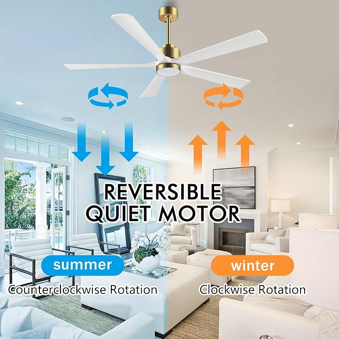 ELEHINSER 52" Modern Ceiling Fan with Lights and Remote Control, 5 Solid Wood Blades 6-Speed Noiseless Reversible DC Motor, Ceiling Fan for Bedroom Dinning Living Room, Gold Finish with White Blade