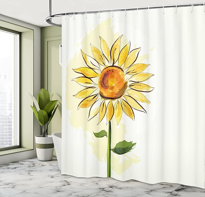 Ambesonne Flower Shower Curtain, Summer Sunflower in Watercolor Soft Pastel Toned Large Petals Artwork, Cloth Fabric Bathroom Decor Set with Hooks, 69" W x 75" L, Yellow Fern