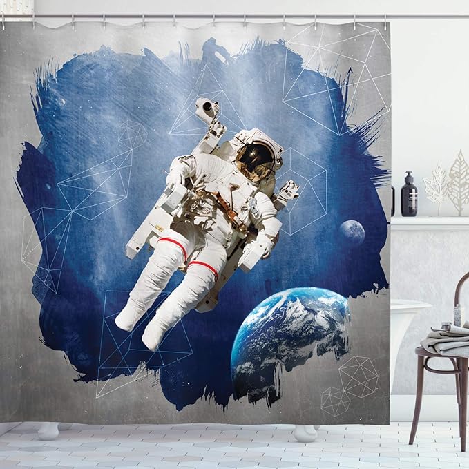 Ambesonne Outer Space Shower Curtain, Astronaut on The Grunge Half Done with Geometric Brushstroke SciFi Modern Art, Cloth Fabric Bathroom Decor Set with Hooks, 69" W x 75" L, Blue Beige