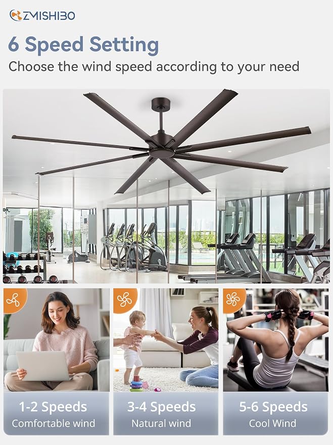 ZMISHIBO 96 Inch Industrial DC Motor Ceiling Fan, Large Ceiling Fan with 8 Reversible Blades, 3 Downrods, 6-Speed Remote Control, Home or Commercial Ceiling Fans for Porch/Garage/Shop, Oil-bronze