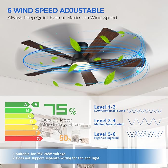 Ayaoty Ceiling Fans with Lights,52 Inch Low Profile Ceiling Fan with Light-Flush Mount Dimmable, Quiet DC Motor for Outdoor Patio,Garage,Bedroom Brown