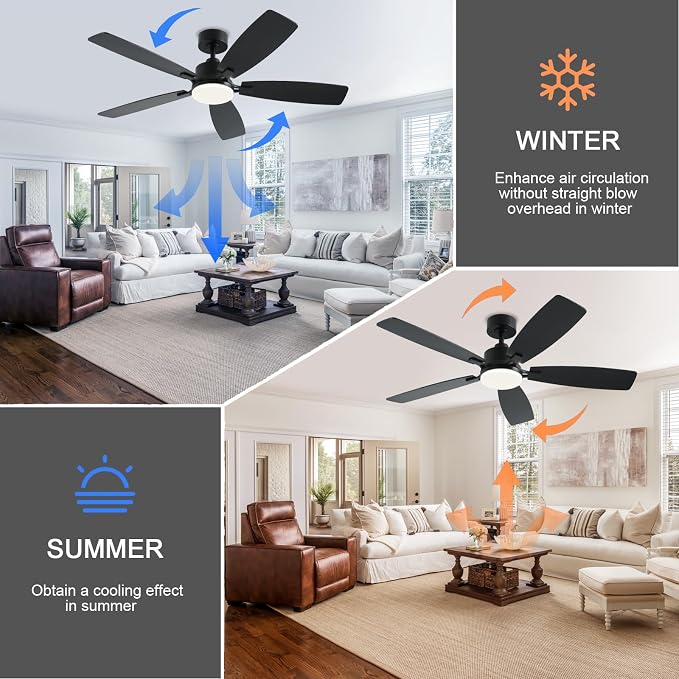 NKPU 52 Inch Ceiling Fans with Lights, Black Ceiling Fan and Remote/App Control, 2 Downrods, DC Reversible, Noiseless, Dimmable, 5 Dual-Sided Blades Modern Ceiling Fan for Indoor/Outdoor Use