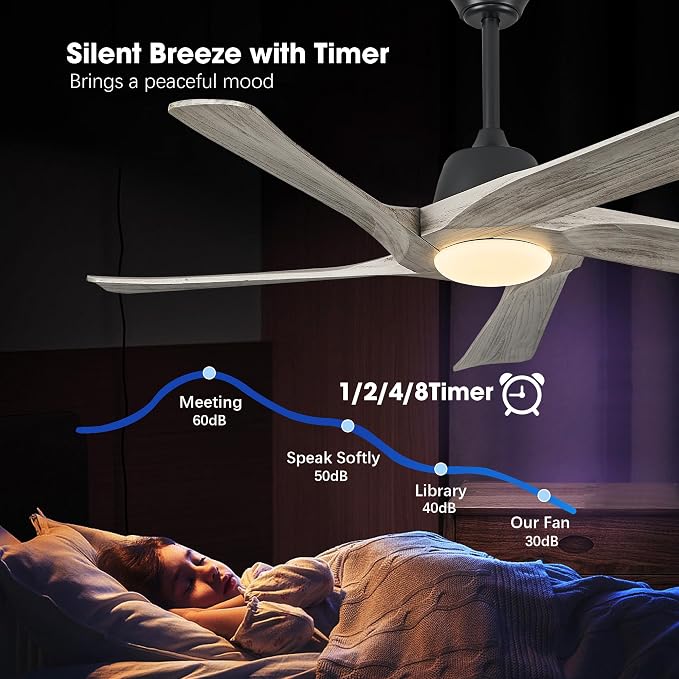 52 Inch Solid Wood Ceiling Fan with Lights, Remote and APP Control, 3-color Dimmable LED, DC Motor, 6-speed Reversible, Modern Ceiling Fans for Bedroom, Living Room, Greywood