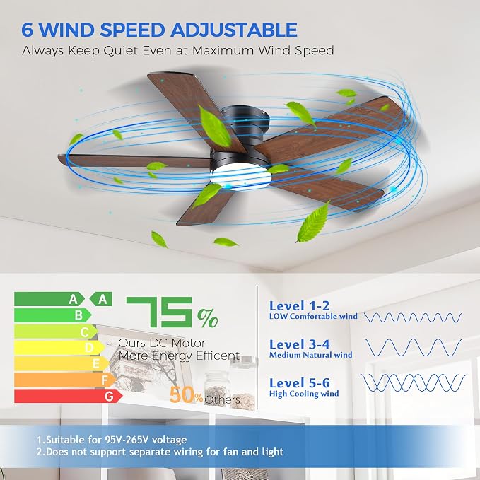 Ayaoty Flush Mount Ceiling Fan with Light and Remote/APP - 48" Low Profile Ceiling Fan with 3CCT Dimmable, 5 Reversible Blades, Modern Indoor Fan Light Fixtures for Bedroom, Kitchen