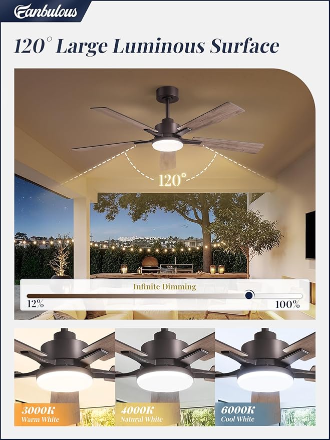 52 Inch Ceiling Fan with Light and Remote, 6 Speeds Reversible DC Motor Ceiling Fans for Bedroom Living Room Patio, 3CCT Dimmable LED, 5 Wood Blades, Downrod Mount, Sloped Ceiling Compatible