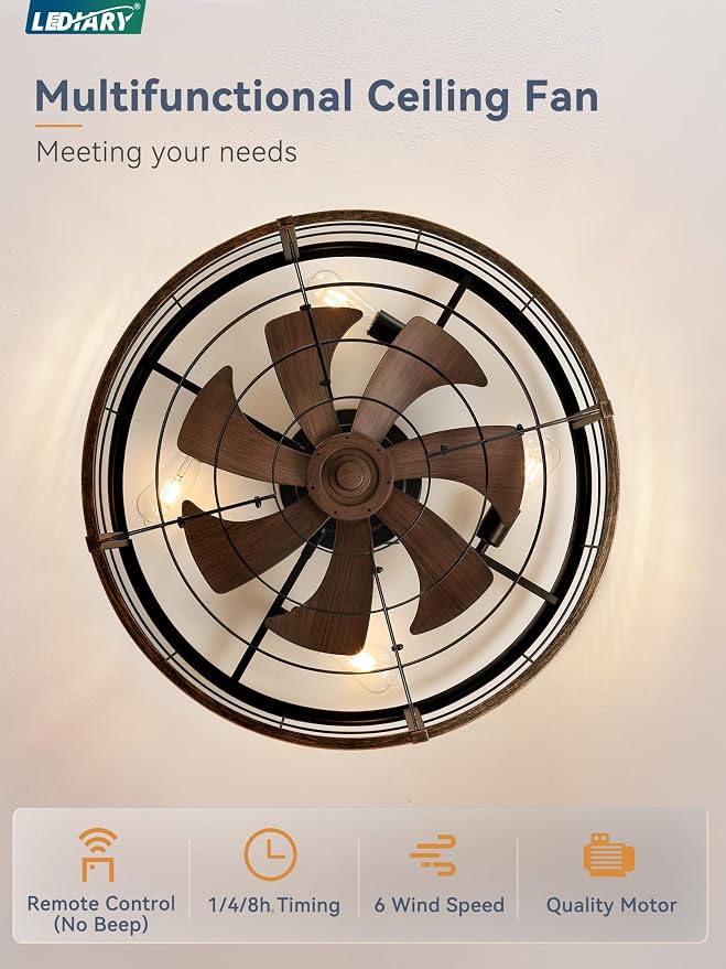 LEDIARY 26" Caged Ceiling Fan with Light and Remote, Low Profile Flush Mount Fandelier, Black Gold Bladeless Enclosed Small Fan Lights Ceiling Fixtures, Rustic Farmhouse Style for Bedroom, Outdoor