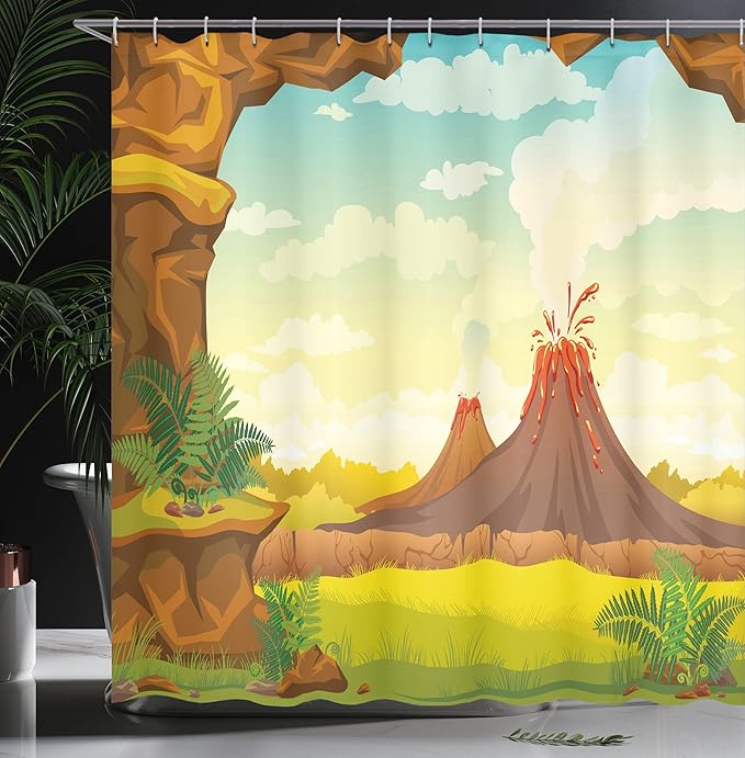 Ambesonne Volcano Shower Curtain, Prehistoric Landscape with Cave Smoky Volcanoes and Green Grass Cloudy Sky, Cloth Fabric Bathroom Decor Set with Hooks, 69" W x 70" L, Orange Green