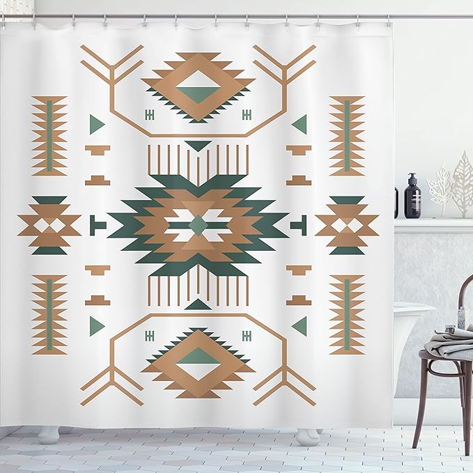 Ambesonne Southwestern Shower Curtain, Ethnic Illustration of a Zigzags Design Triangular Iconic Artwork Motifs, Cloth Fabric Bathroom Decor Set with Hooks, 69" W x 84" L, White Teal