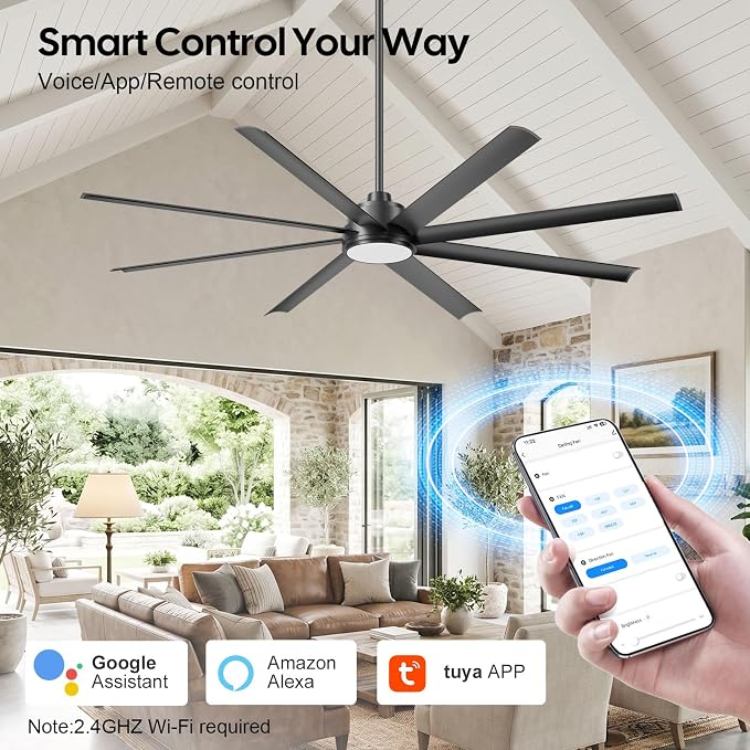 84 Inch Large Smart Ceiling Fan with Light Alexa/App/Remote Control, Modern Black Industrial Indoor Outdoor Ceiling Fans for Patios Shop Commercial, 8 Aluminium Blade, High 11000 CFM Quiet DC Motor