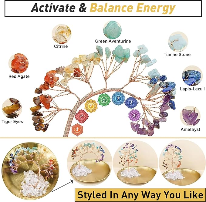 Crystal Tree Palo Santo Holder, 7 Chakra Incense Holder, Brass Incense Holder 5.5 inches, 6 in 1 Ash Catcher for Incense Sticks/Coil Incense/Sage/Incense Cones Yoga Meditation Room Home Décor