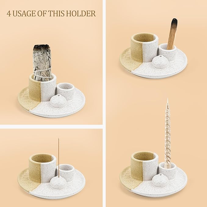 4 in 1 Incense Burner Holder,Sage Holder for Burning,Palo Santo Holder,Candle Holder,Ceramic Incense Burner Ash Catcher Tray for Meditation Yoga Room (Assorted Colors)