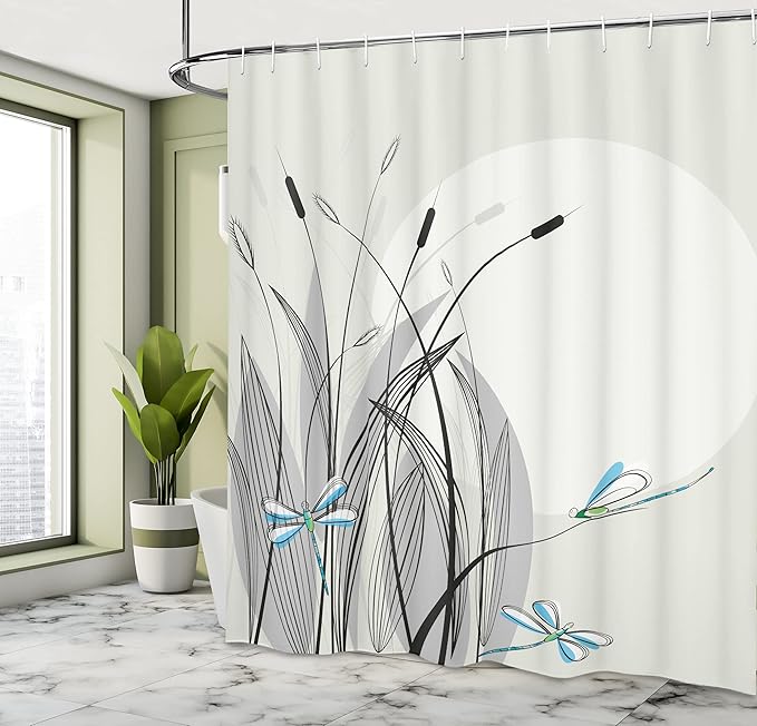 Ambesonne Dragonfly Shower Curtain, Dragonflies on Flowers and Branches Flourishing Nature Spring Time Predator Print, Cloth Fabric Bathroom Decor Set with Hooks, 69" W x 84" L, Beige Black