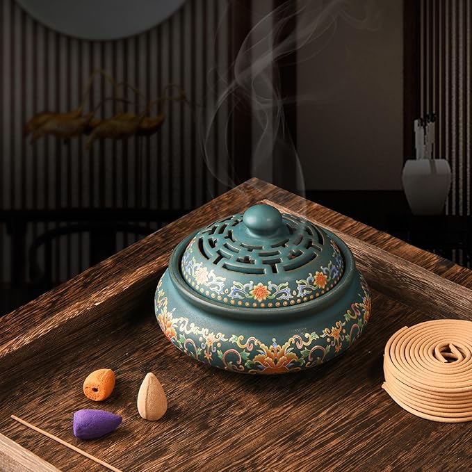 Ceramic Incense Burner with Incense Holder+ Fireproof Cotton,Handmade Smudging Burn Bowl for Stick or Coil Incense,Sage Cones,Frankincense and Mosquito Incense (Enamel)