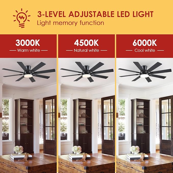 Mpayel Ceiling Fans with Lights, 52 Inch Low Profile Flush Mount Ceiling Fan, Modern Black Ceiling Fan with Light for Bedroom Living Room, Remote/APP Control, Quiet DC Motor, Dimmable, 8 Wood Blades