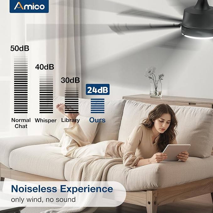 Amico Ceiling Fans with Lights,74 inch Black Ceiling fan with Light and Remote, 6 Speed Reversible DC Motor, 3CCT, Dimmable, Quiet, Timer, Large Modern Ceiling Fan for Living room, Indoor/Outdoor