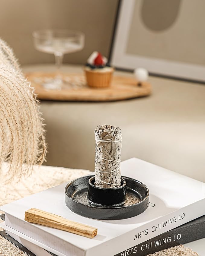 Sage Incense Holder, Ceramic Sage Holder for Burning, Sage Burner Holder for Smudge Sticks, Smudge Bowl for White Sage Bundle, Palo Santo Sticks, Yoga Meditation and Altar Decor (Sage Holder-Black)