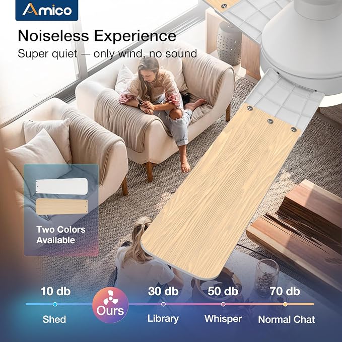 Amico Ceiling Fans with Lights, 52 inch Low Profile Ceiling fan with Light and Remote Control, Flush Mount, Reversible, 3CCT, Dimmable, Noiseless, White Ceiling Fan for Bedroom, Indoor/Outdoor Use