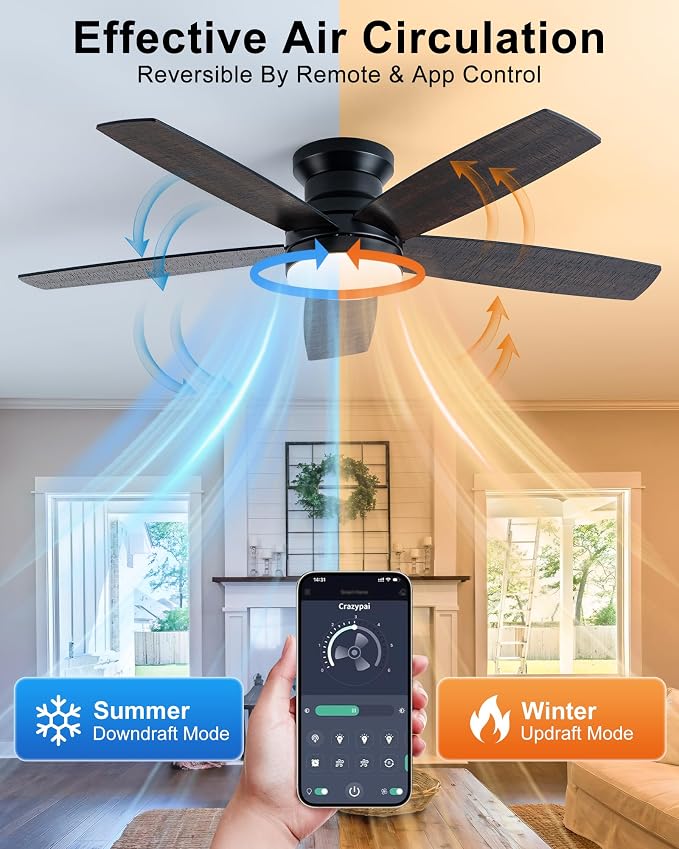Coolwind 48in Flush Mount Ceiling Fan with Light, Display Remote/APP Control, Black Modern Silent Low Profile Ceiling Fan, 8 Speeds, Dimmable, 3CCT, DC Reversible Motor for Bedroom, Living Room